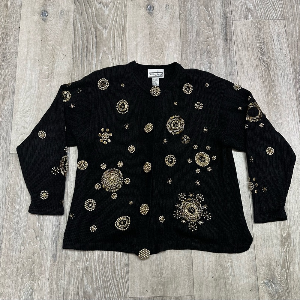 Vintage Fitting Image black cardigan sweater with gold beads